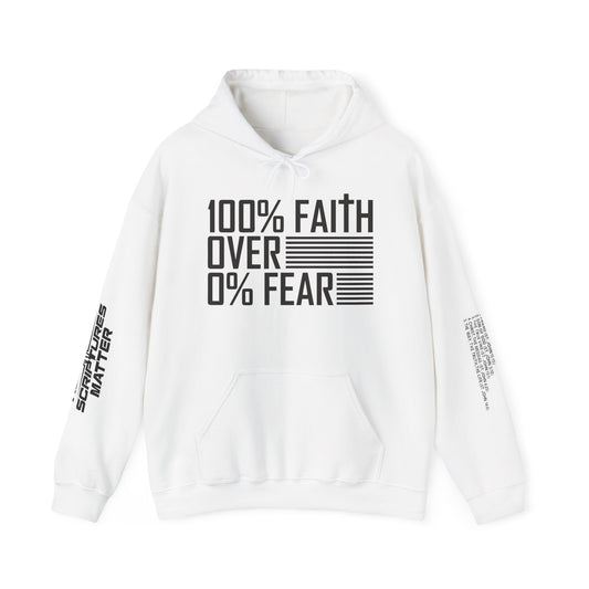 Faith Over Fear Hoodie — "100% Faith Over 0% Fear" Christian Pullover with Hebrews 11:1 Back